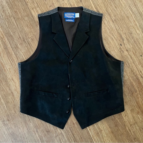 Pendleton Black Suede and Grey Tweed Western Wear Vest, Sz 46 - Picture 2 of 3